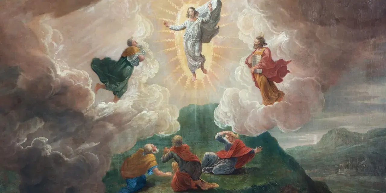 Jesus transfigures in glory, surrounded by Moses and Elijah, as disciples witness the divine event on the feast of the Transfiguration of the Lord.