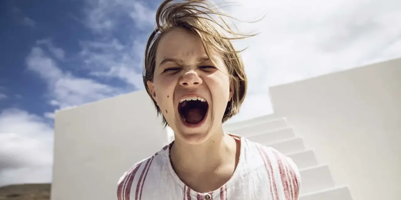 Kind schreit laut, Haare wehen im Wind. Ein Moment, der an einen affektive Dysregulation test erinnert.
