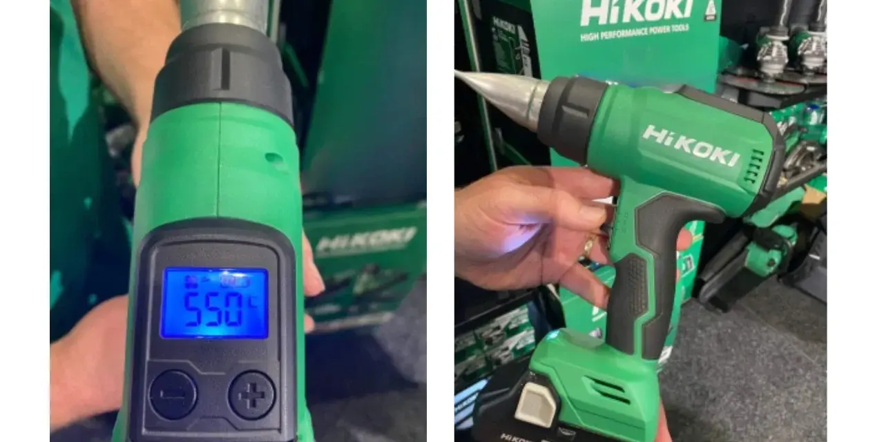 Dwie opalarki Hikoki, jedna z wyświetlaczem 550°C. Hikoki to firma produkująca narzędzia.