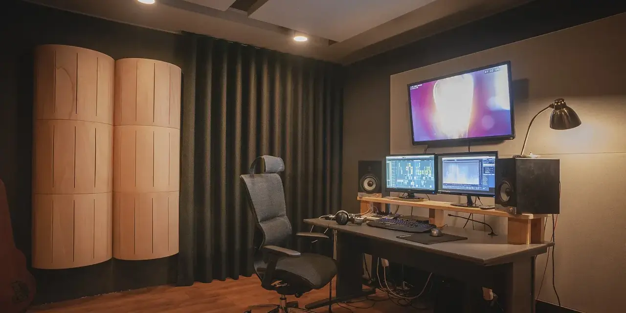 Studio do tworzenia dźwięku z monitorami, komputerem i panelem akustycznym. Idealne miejsce do pracy nad sound designem.