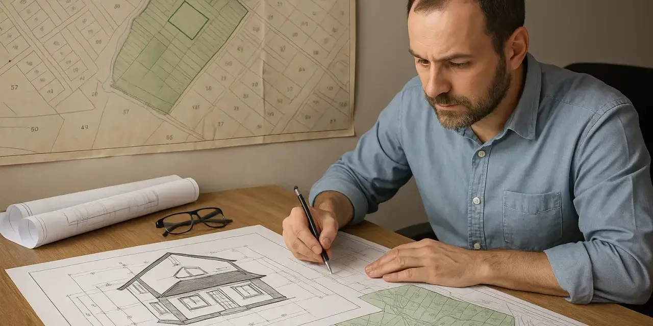 Architekt pracuje nad adaptacją projektu budowlanego, analizując plany działki i wizualizację domu.