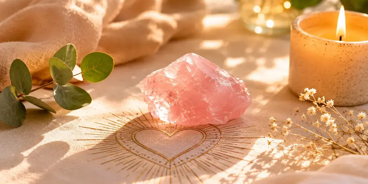 Un cuarzo rosa sobre un corazón dorado, rodeado de eucalipto y una vela encendida. Descubre como usar el cuarzo rosa para atraer el amor.