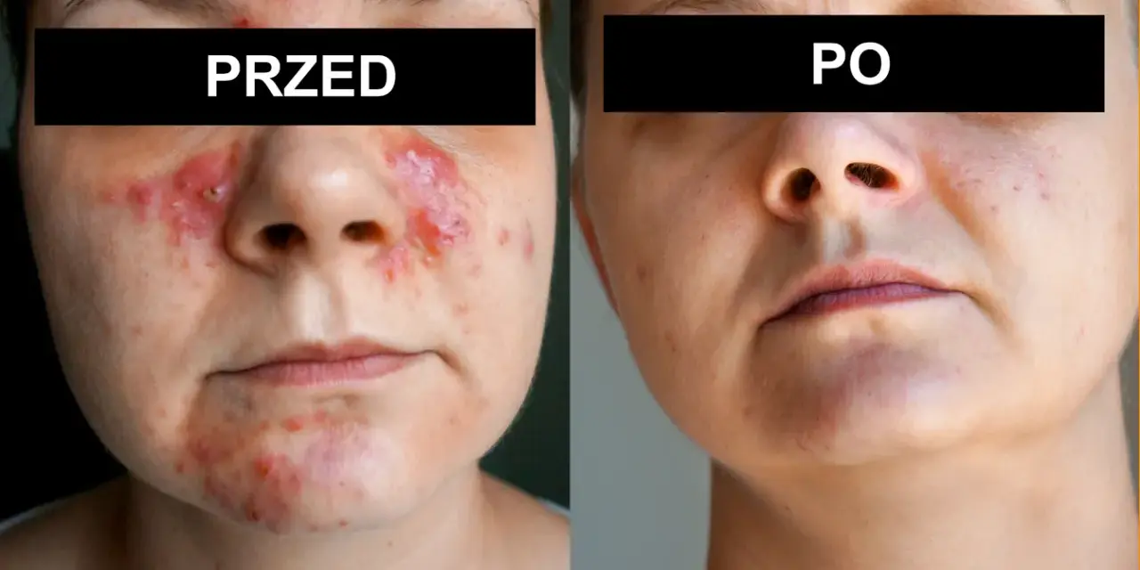 Przed i po: skóra z problemami, widoczne zmiany zapalne, a następnie wygładzona po zastosowaniu kremu na nużeńca.