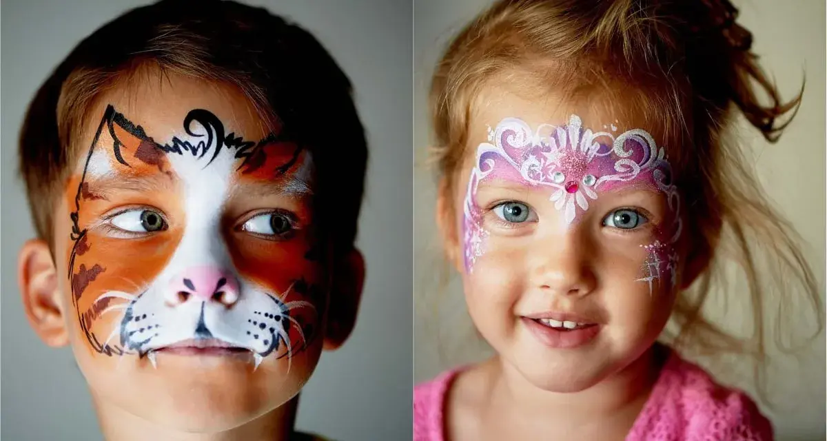 Zwei Kinder mit tollen Gesichtern: Ein Junge als Tiger, ein Mädchen als Prinzessin. Schnell Kinderschminken einfach gemacht!