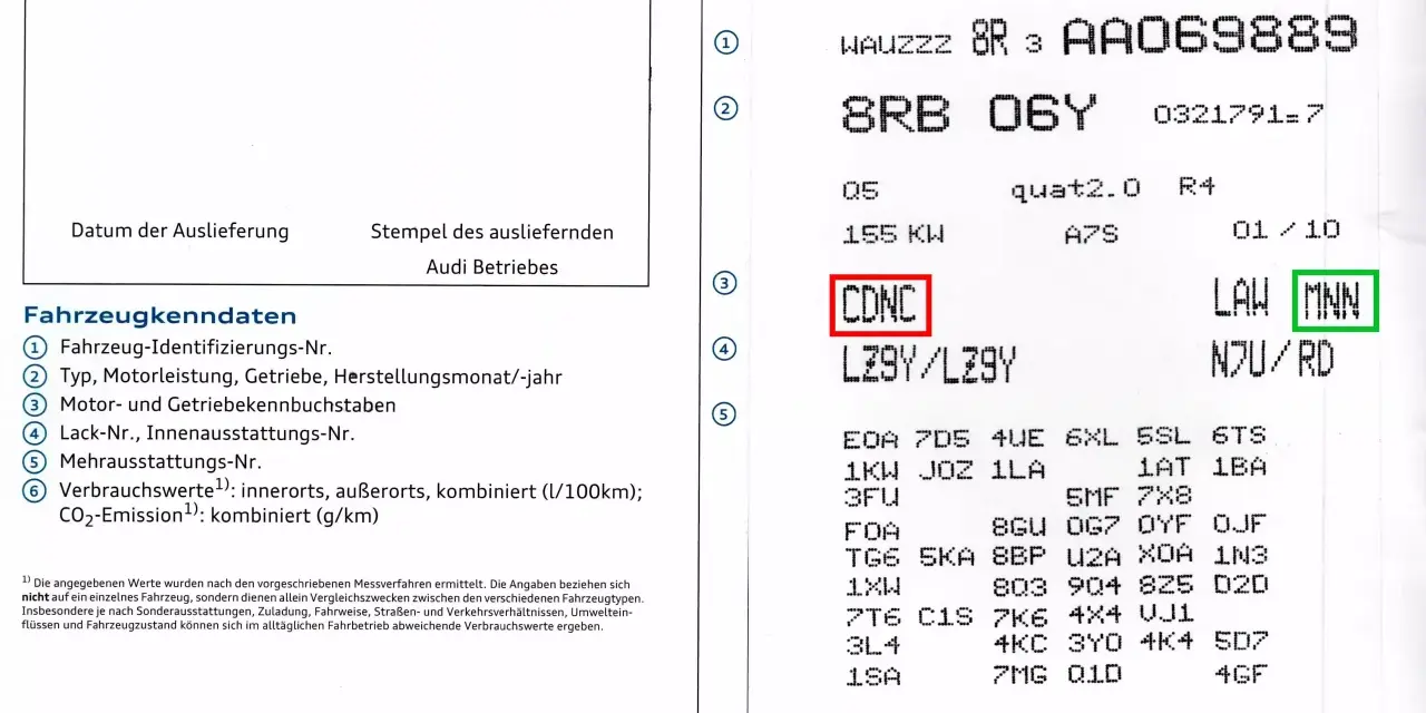 Auf diesem Dokument steht unter "Motor- und Getriebekennbuchstaben" (Punkt 3) "CDNC". Dies verrät, welches Getriebe hat mein Auto.