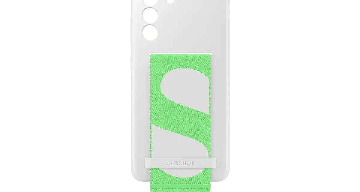 Białe etui na Samsung Galaxy S21 FE z zielonym paskiem i białym logo "S".