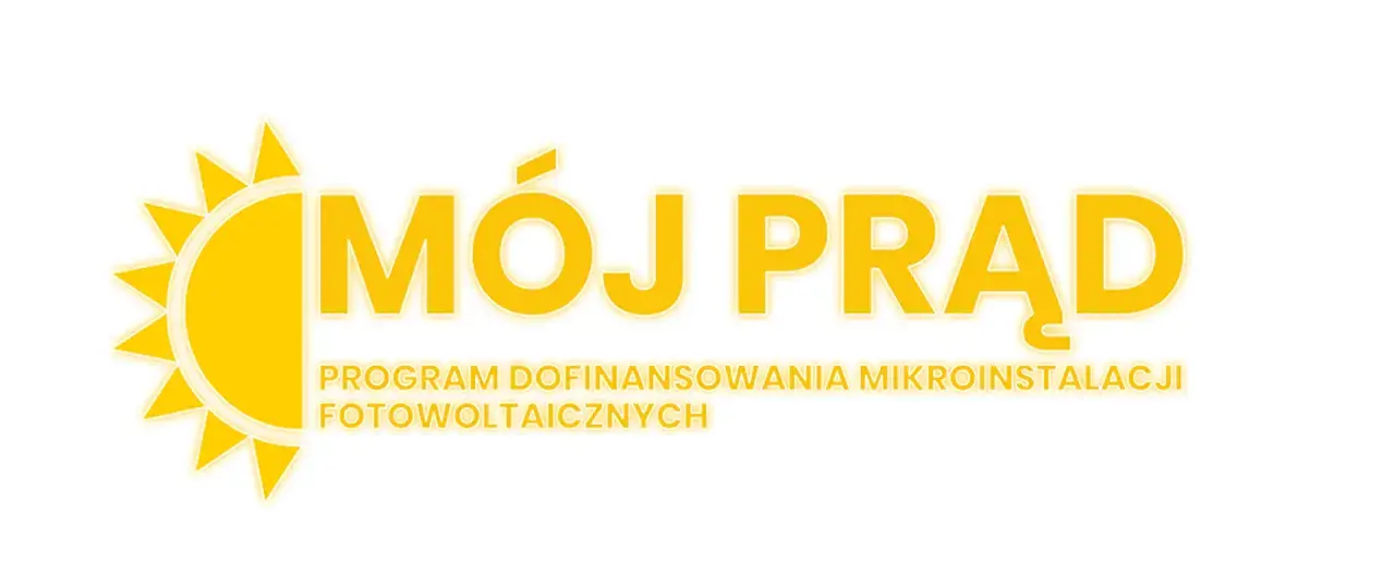 Logo programu "Mój prąd" z symbolem słońca i hasłem "Program dofinansowania mikroinstalacji fotowoltaicznych".