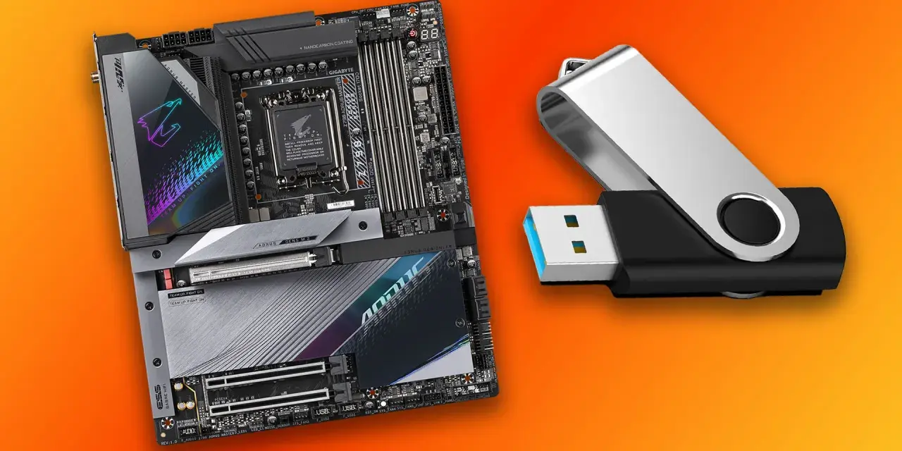 Płyta główna AORUS i pendrive gotowe do aktualizacji BIOS.