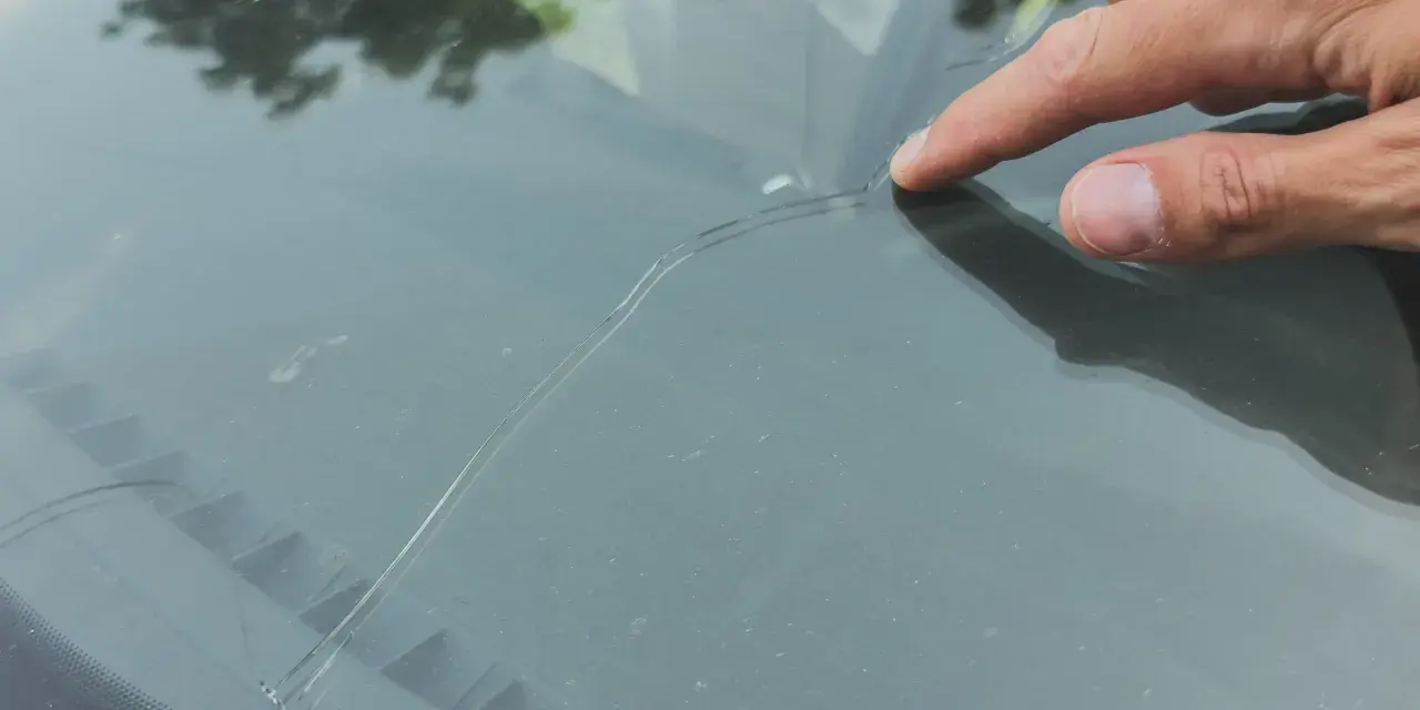 Palec wskazujący na pękniętej szybie samochodowej. Sprawdź autoglass cennik, aby poznać koszt naprawy.