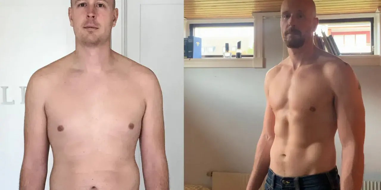 Man före och efter en carnivore diet svenska. Synlig muskelökning och minskad kroppsfett.