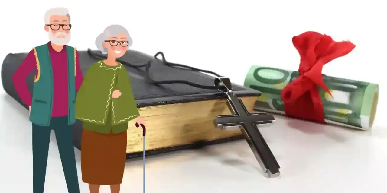 Älteres Paar neben Bibel, Kreuz und Geldrolle. Thema: Rentner zahlen Kirchensteuer.