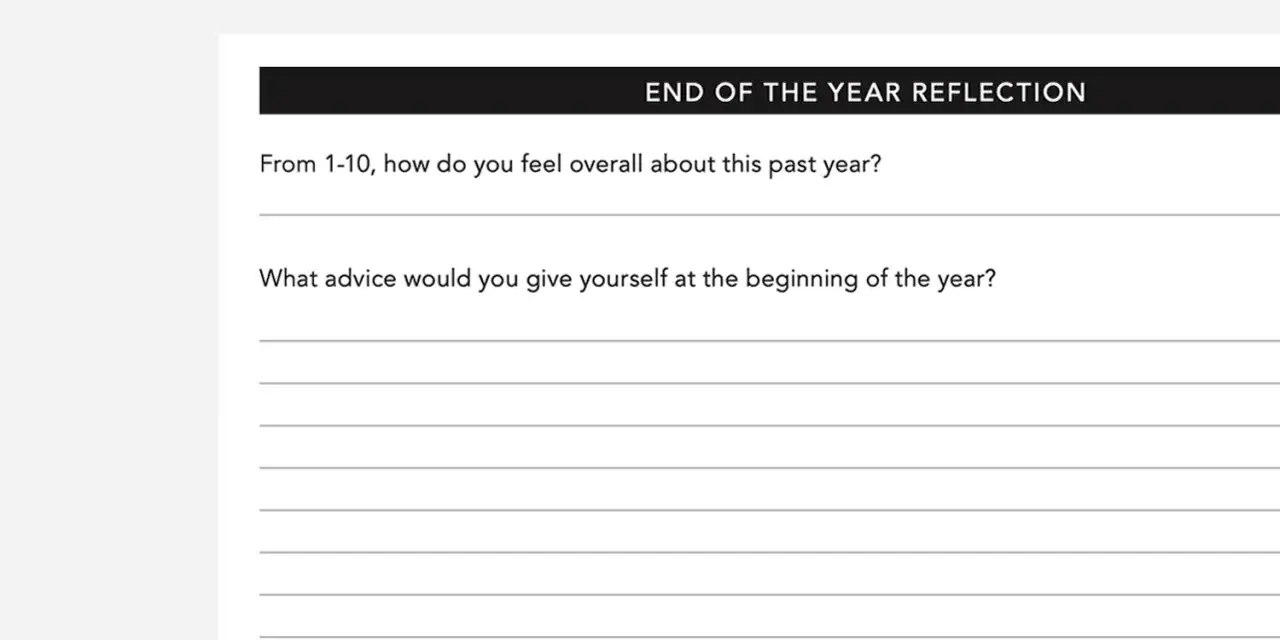 Journal prompts for end of year reflection: rate your year, advice for your past self, and biggest lessons learned.