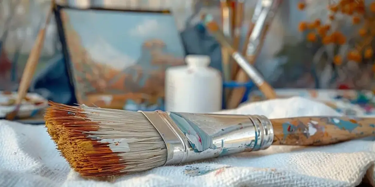 Un pinceau à moitié nettoyé, prêt pour un bain d'huile de lin. Des couleurs vives sur la palette et un tableau en arrière-plan.