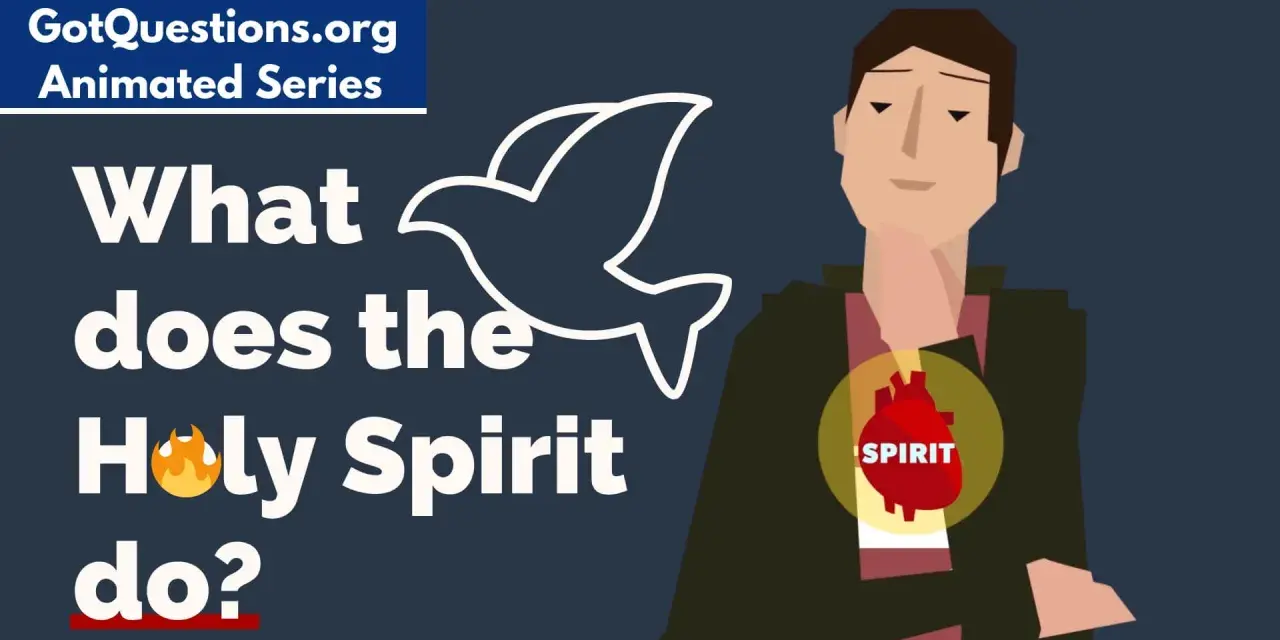 Animated graphic asking "What does the Holy Spirit do?" with a dove symbol and a heart labeled "Spirit" inside a person.