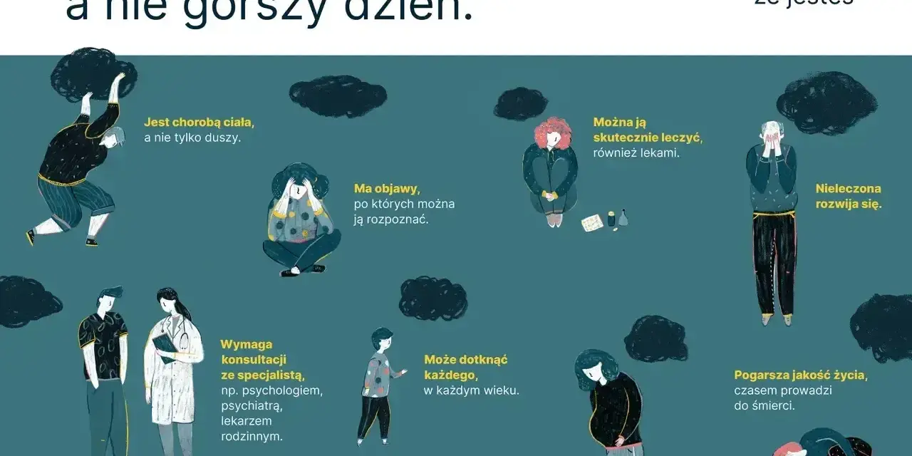 Depresja to choroba przewlekła, a nie gorszy dzień. Ilustracja pokazuje różne aspekty tej choroby, podkreślając, że wymaga leczenia i wsparcia.