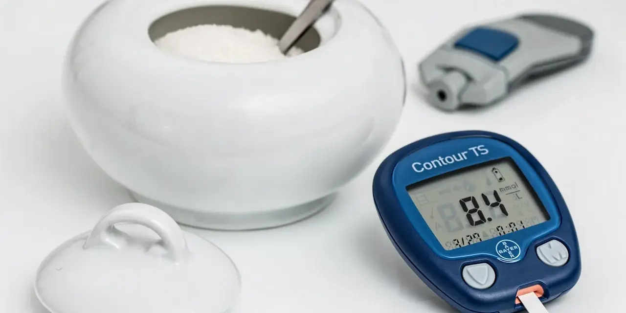 Glukometr pokazuje 8.4 mmol/L. Czy to norma dla hemoglobiny glikowanej? Obok cukiernica i nakłuwacz.