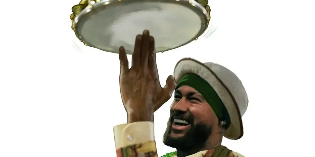 Hombre sonriente con pandereta, celebrando la cultura de Brasil.