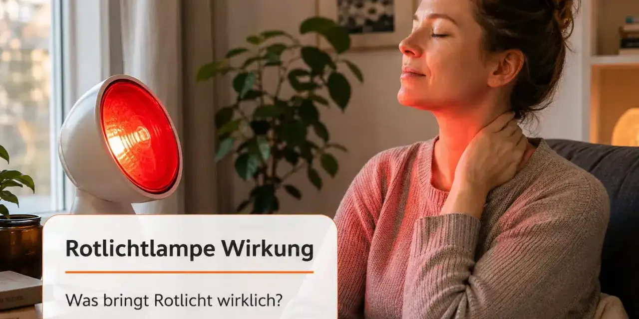 Frau genießt die wohltuende Rotlichtlampe Wirkung am Nacken. Die Wärme entspannt und lindert Verspannungen.