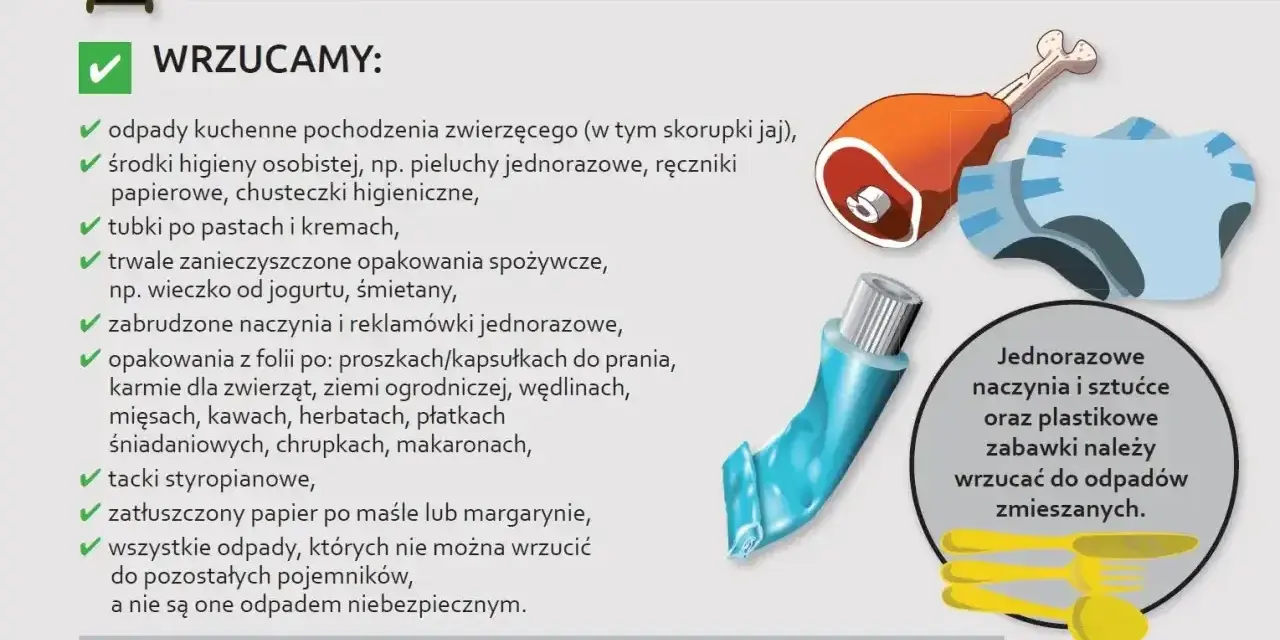 Czarny pojemnik na odpady zmieszane. Wrzucamy tu m.in. resztki mięsa, zużyte pieluchy, tubki po pastach, zatłuszczony papier.