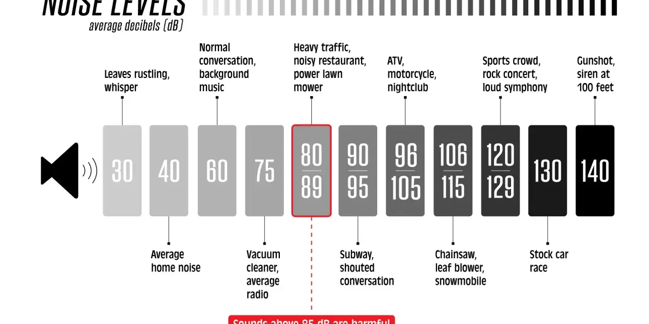 Comparatif des niveaux sonores : le bruit d'un aspirateur ou d'une radio atteint 75 dB, tandis que le trafic intense ou un restaurant bruyant se situent entre 80 et 89 dB.