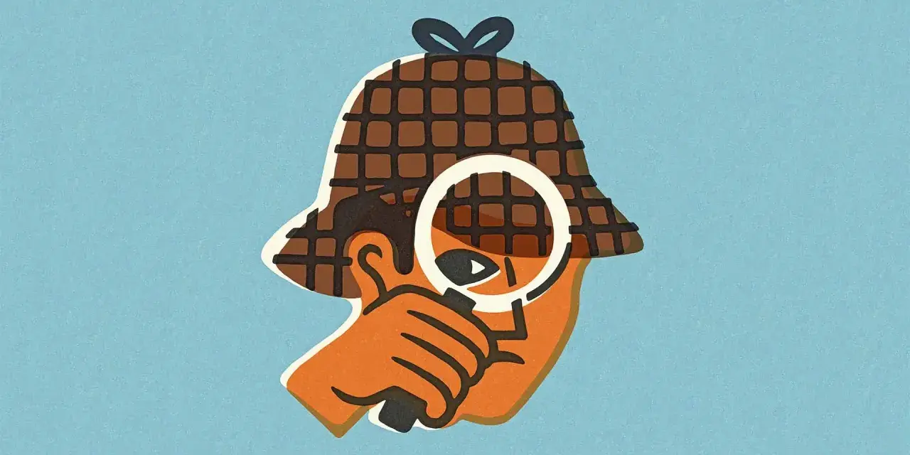 Stylizowana głowa w kapeluszu detektywa, z lupą przed okiem. Wszyscy wiemy, kto tak bada sprawy – to Sherlock Holmes!