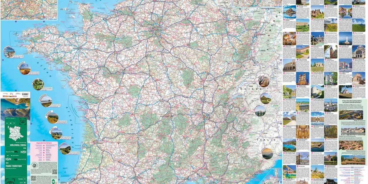 Carte de France touristique avec des photos de sites remarquables. La légende indique la signification des symboles.