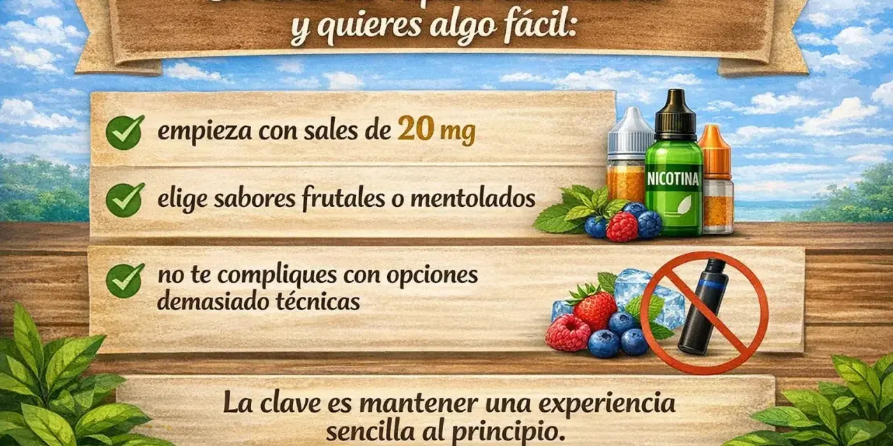 Para empezar fácil, usa sales de nicotina de 20 mg, sabores frutales y evita complicaciones técnicas.
