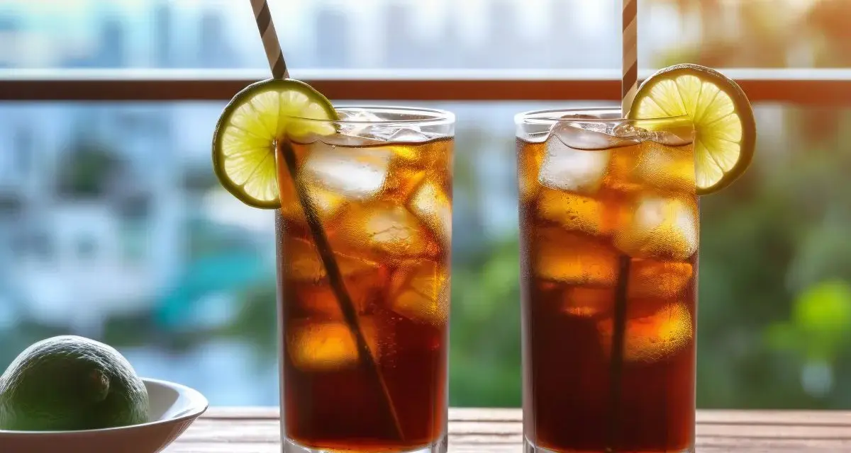 Dwa orzeźwiające drinki z ice tea, lodem i plasterkiem limonki, gotowe do wypicia w letni dzień.