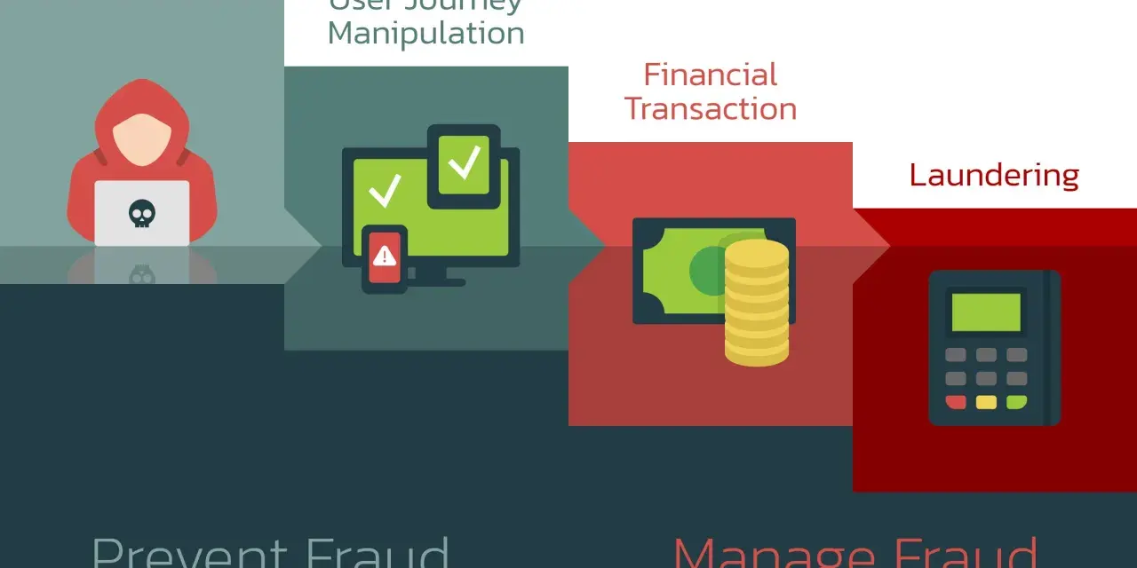 Diagram shows fraud stages: attack prep, user manipulation, financial transaction, laundering. Internal controls to prevent fraud are crucial.
