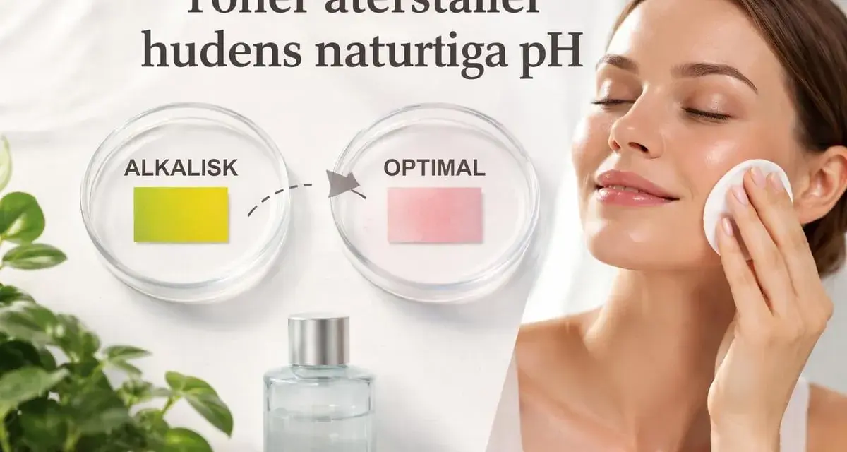 En kvinna applicerar toner med en bomullsrondell. Bilden visar hur tonern återställer hudens naturliga pH, från alkaliskt till optimalt, vilket framhäver vikten av aktiva ingredienser hudvård.