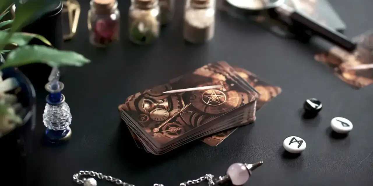 Karta tarota z motywem steampunk, obok wahadełka i run.