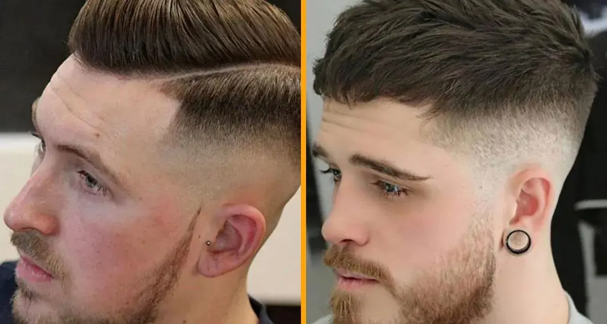 Dos hombres con un corte de pelo moderno, el "French crop", con degradado en los laterales y flequillo desordenado.