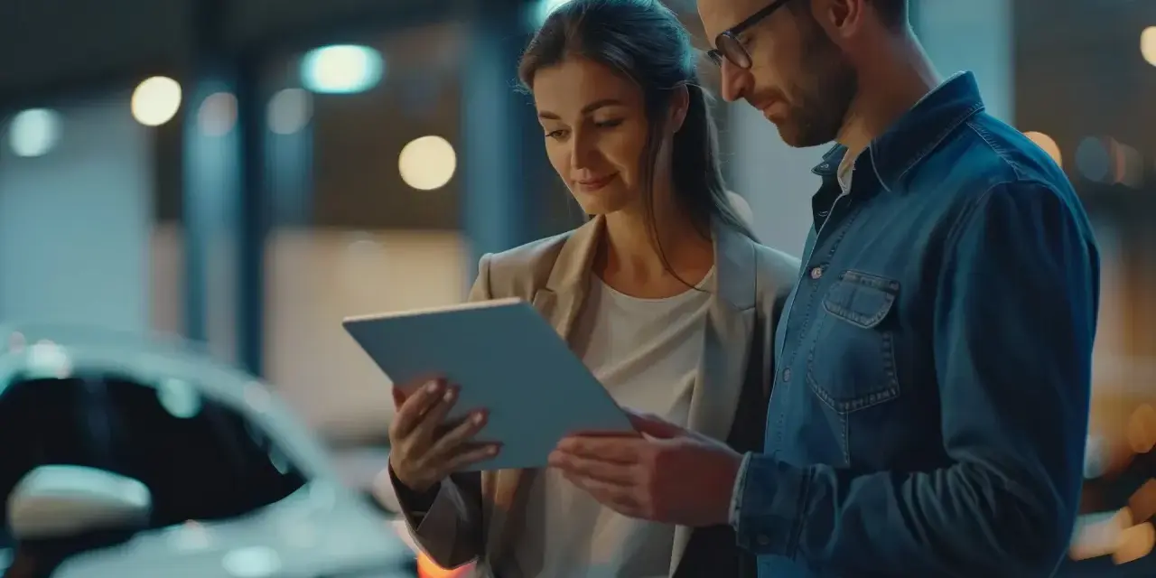 Kobieta i mężczyzna patrzą na tablet, stojąc obok samochodu.