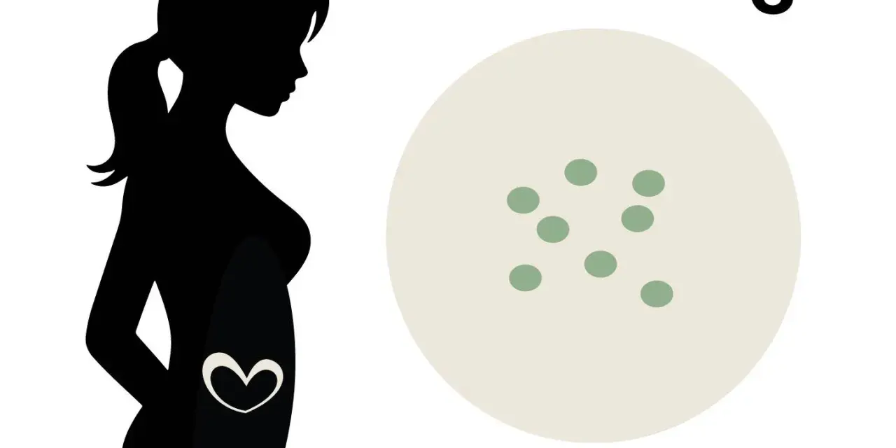 Silhouette einer schwangeren Frau mit einem Herzsymbol im Bauch. Daneben eine runde Fläche mit der Zahl 6 und mehreren kleinen grünen Punkten, die eine Schwangerschaft in der 6. SSW symbolisieren.
