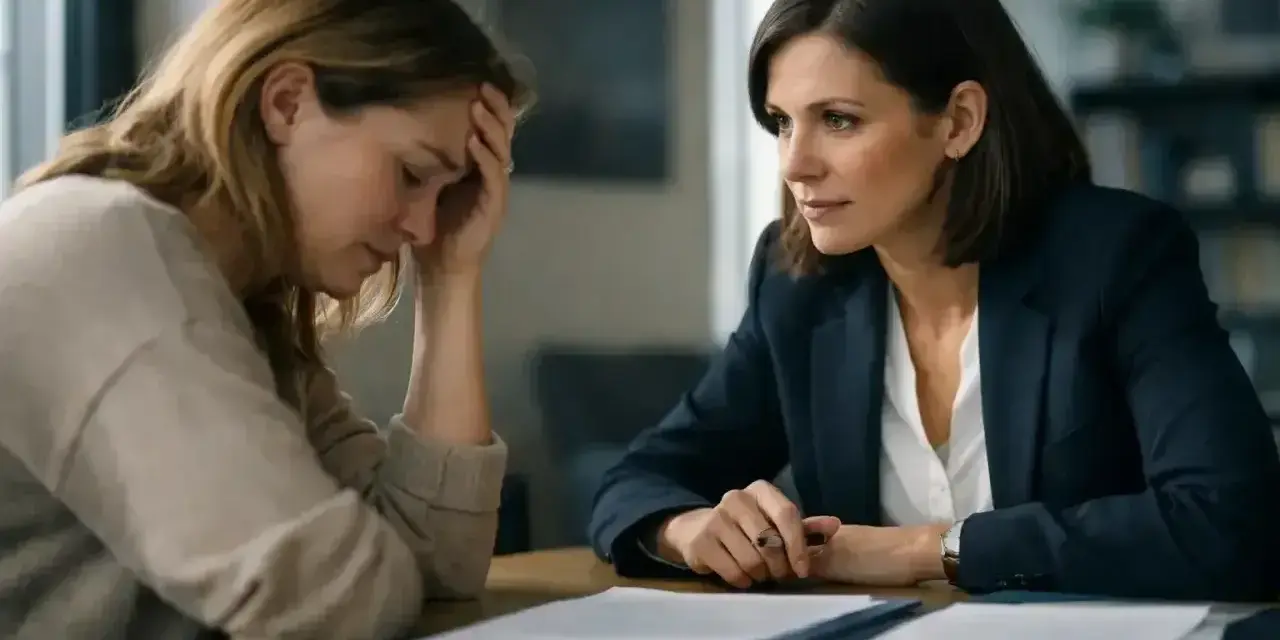 Kobieta w beżowym swetrze, ze smutkiem opiera czoło. Obok niej siedzi druga kobieta w granatowej marynarce, uważnie słuchając. Może to rozmowa z prawnikiem, zstępny etap trudnej sprawy.