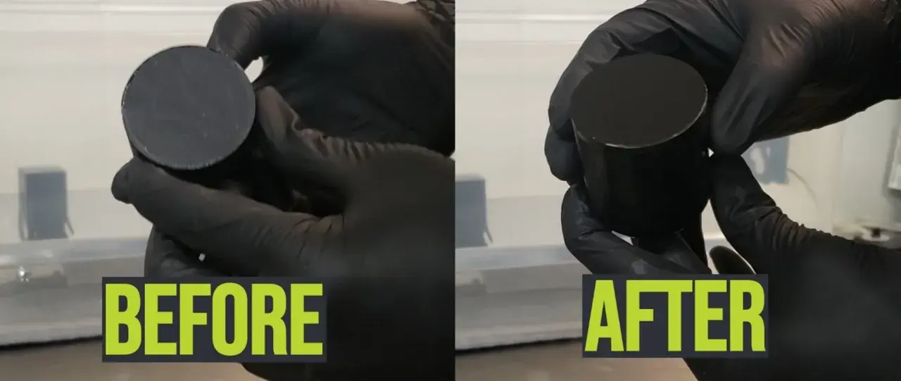 Before and after comparison of a 3D printed part undergoing vapor smoothing, showing a dramatically improved surface finish.