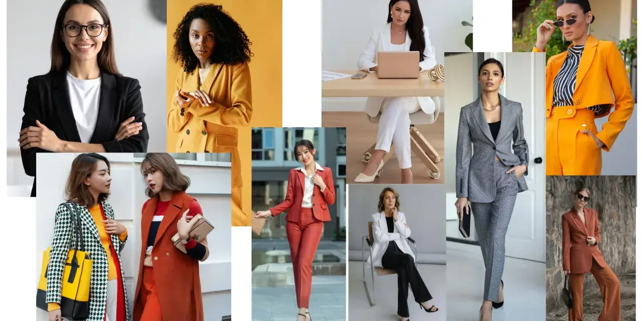 Kobiety w stylizacjach business casual: garnitury, marynarki, eleganckie spodnie i sukienki.