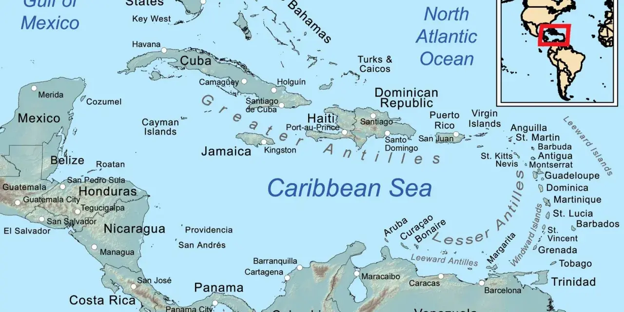 Mapa Karaibów: duża wyspa obok Kuby to Haiti, z Dominikaną i Jamajką.