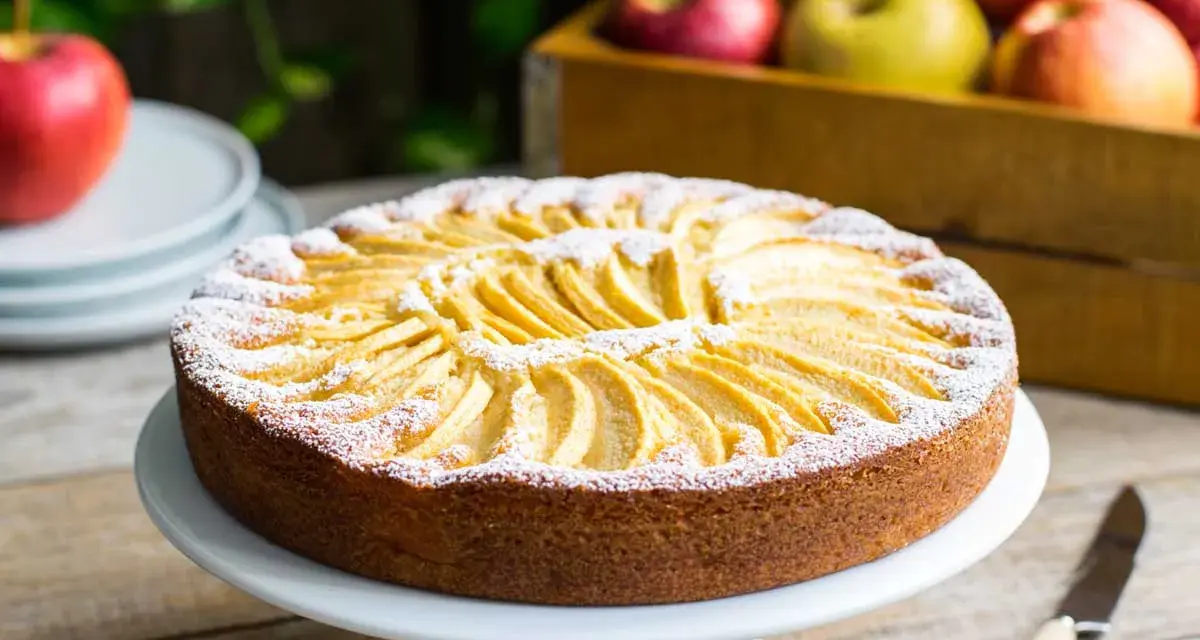 Torta di mele velocissima in 10 minuti, decorata con fettine di mela e zucchero a velo. Sullo sfondo, una cassetta di mele rosse e gialle.