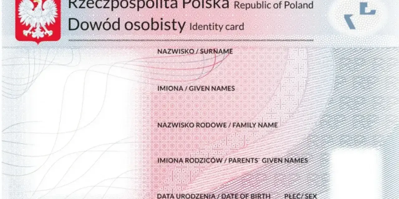 Wniosek o dowód osobisty - wzór polskiego dokumentu tożsamości z danymi: nazwisko, imiona, nazwisko rodowe, imiona rodziców, data urodzenia, płeć.