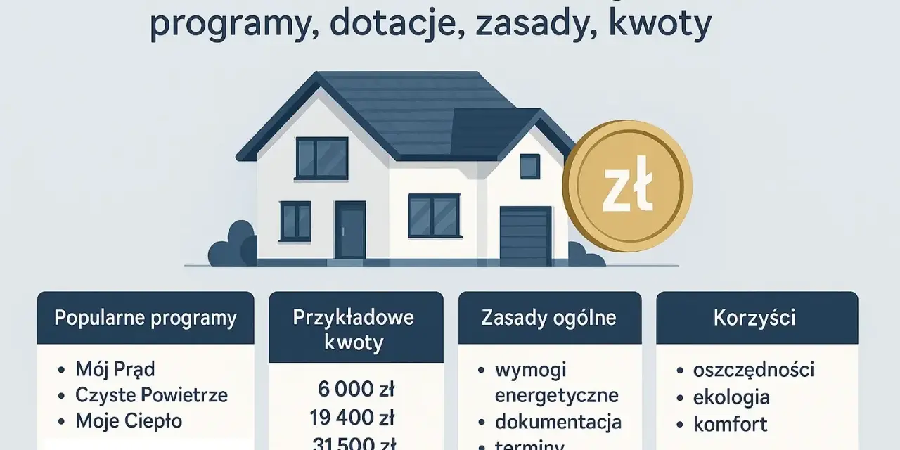 Dofinansowanie do budowy domu: programy, dotacje, zasady, kwoty. Ilustracja domu z monetą zł. Popularne programy, przykładowe kwoty, zasady i korzyści.