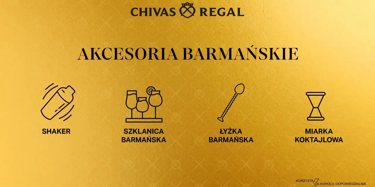 Ikony akcesoriów barmańskich: shaker, szklanice, łyżka barmańska, miarka.