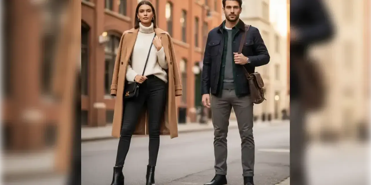 Pareja con estilo urbano. Ella luce un abrigo camel, jersey de cuello alto y pantalones negros con botas. Él, chaqueta azul marino, jersey verde y pantalones grises, con un traje con botas.