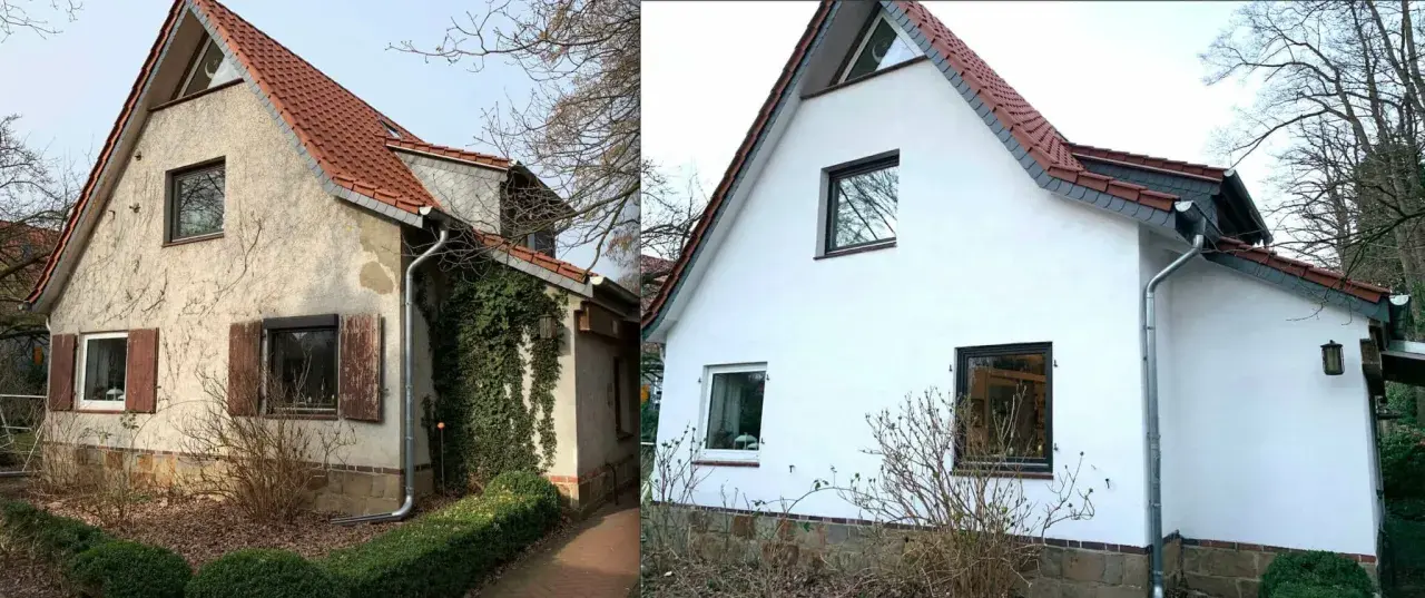 Vorher-Nachher-Vergleich: Altes Haus mit verputzter Fassade und neu verputztes Haus. Die Fassade verputzen Kosten sind hier gut sichtbar.