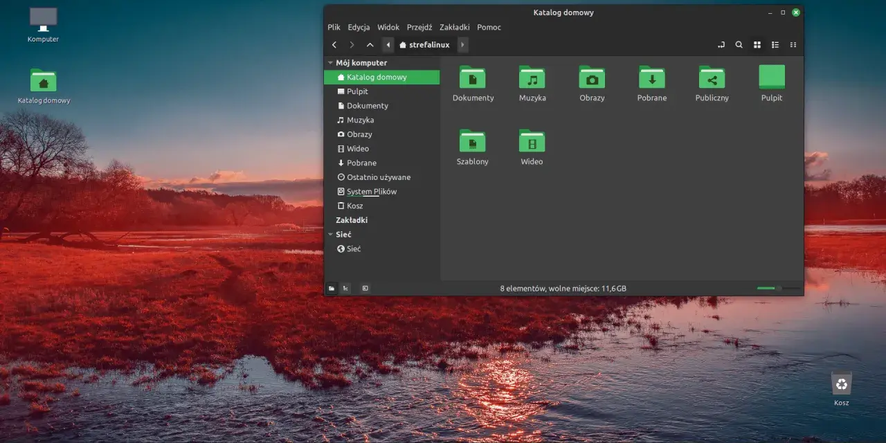 Linux na stary komputer ożywia system. Widok katalogu domowego z ikonami plików i folderów.