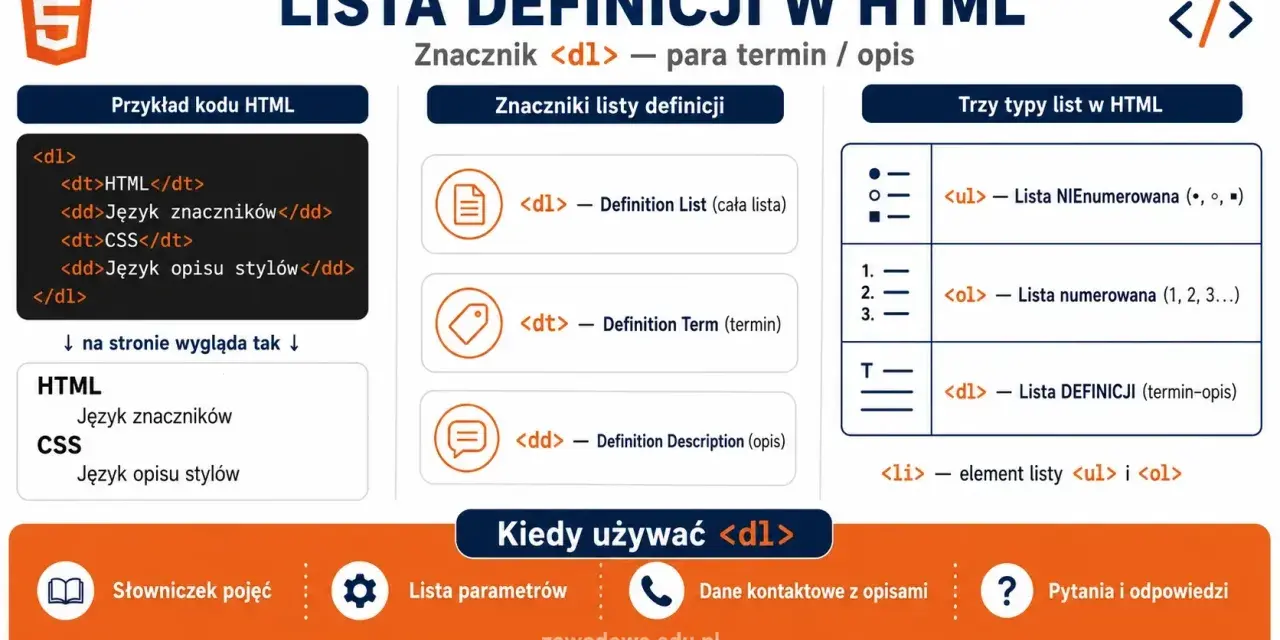 Przykładowy kod HTML z użyciem znacznika `<dl>` do tworzenia list definicji.