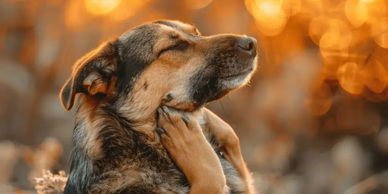 Un chien se gratte le cou, le soleil couchant illumine son pelage. Il a peut-être besoin d'un dermatologue chien.