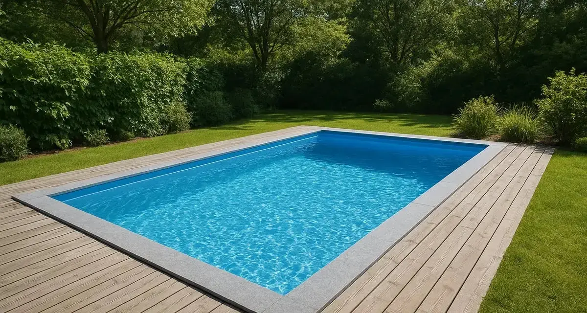 En inbjudande pool med klart blått vatten, omgiven av en träaltan och grönskande träd. Cellplast under poolen ger stabilitet och isolering.