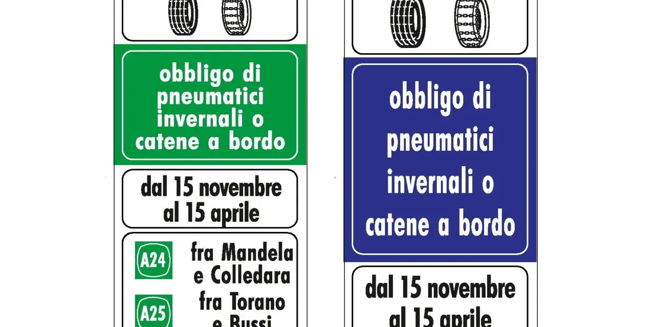 Segnali stradali: obbligo pneumatici invernali o catene a bordo dal 15/11 al 15/04. Utile per capire l'etichetta pneumatici come leggerla.