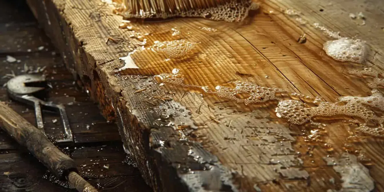 Un pinceau applique un mélange d'huile de lin et d'essence de térébenthine sur une planche de bois brute, près d'une vieille pierre.